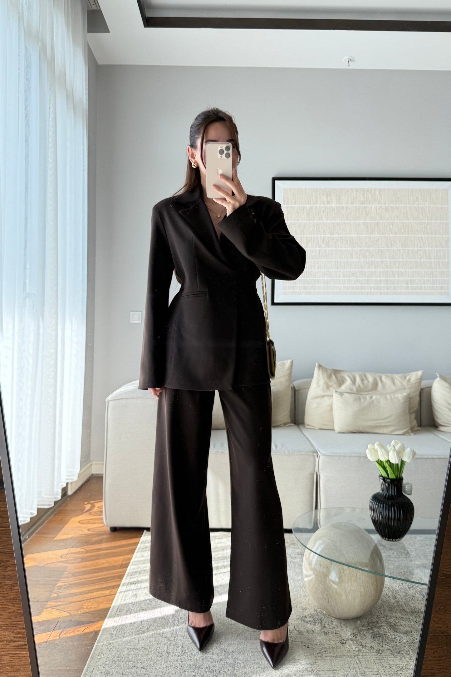 Brown Elegance lace-up Wrap jacket with straight-leg trouser suit