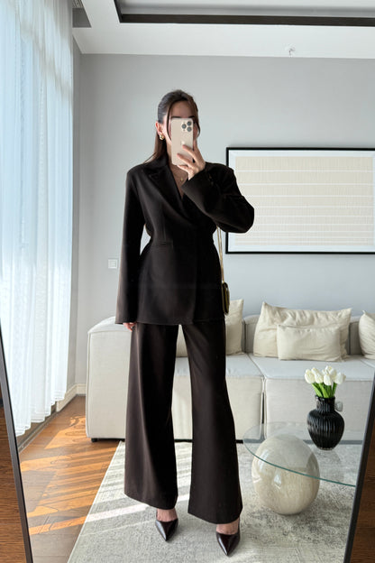 Brown Elegance lace-up Wrap jacket with straight-leg trouser suit