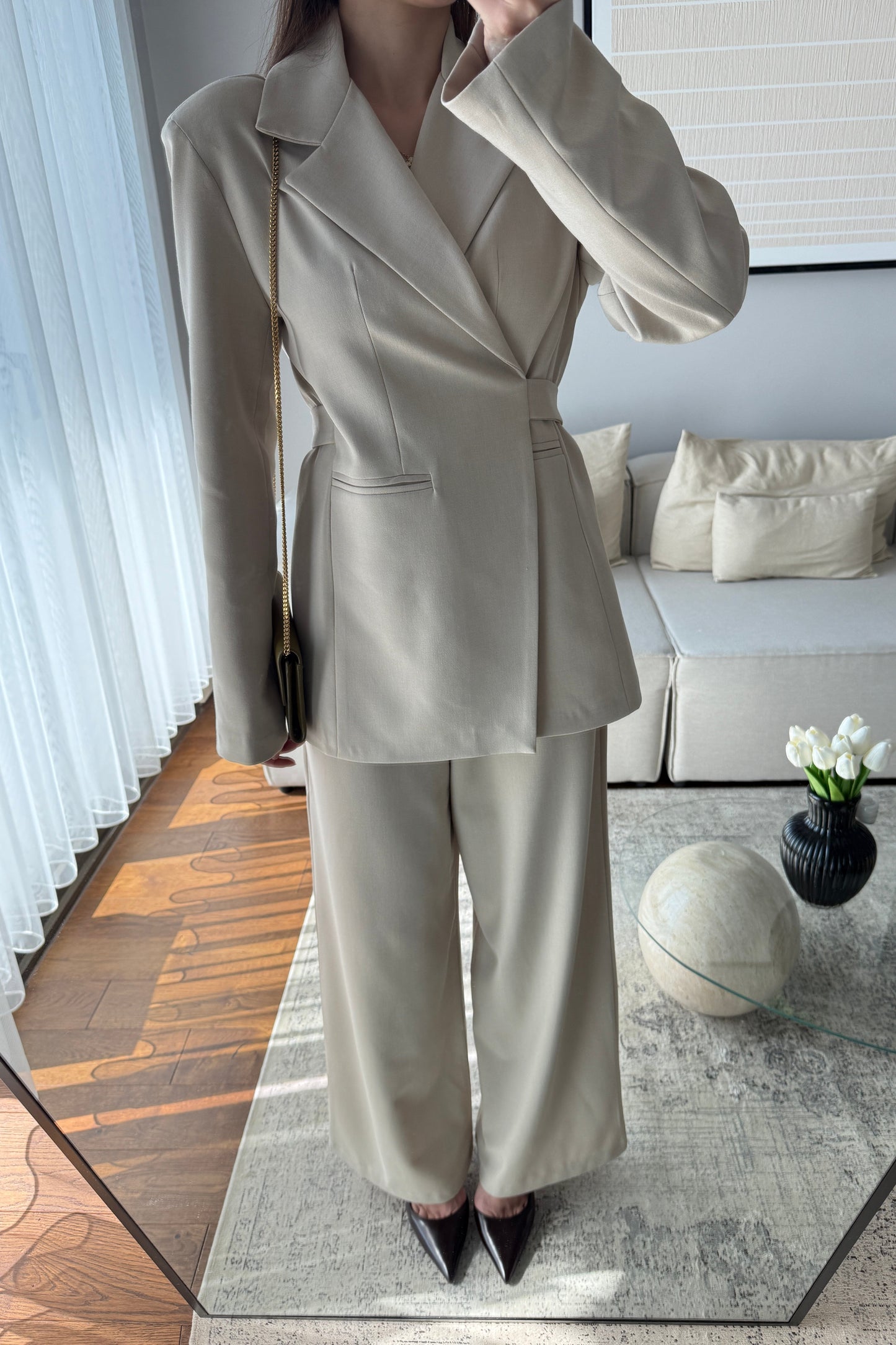 Beige Elegance lace-up Wrap jacket with straight-leg trouser suit