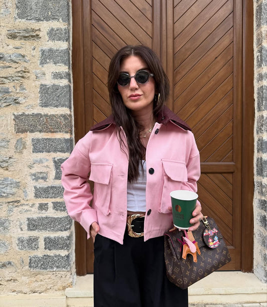 Gabardine jacket with removable leather collar