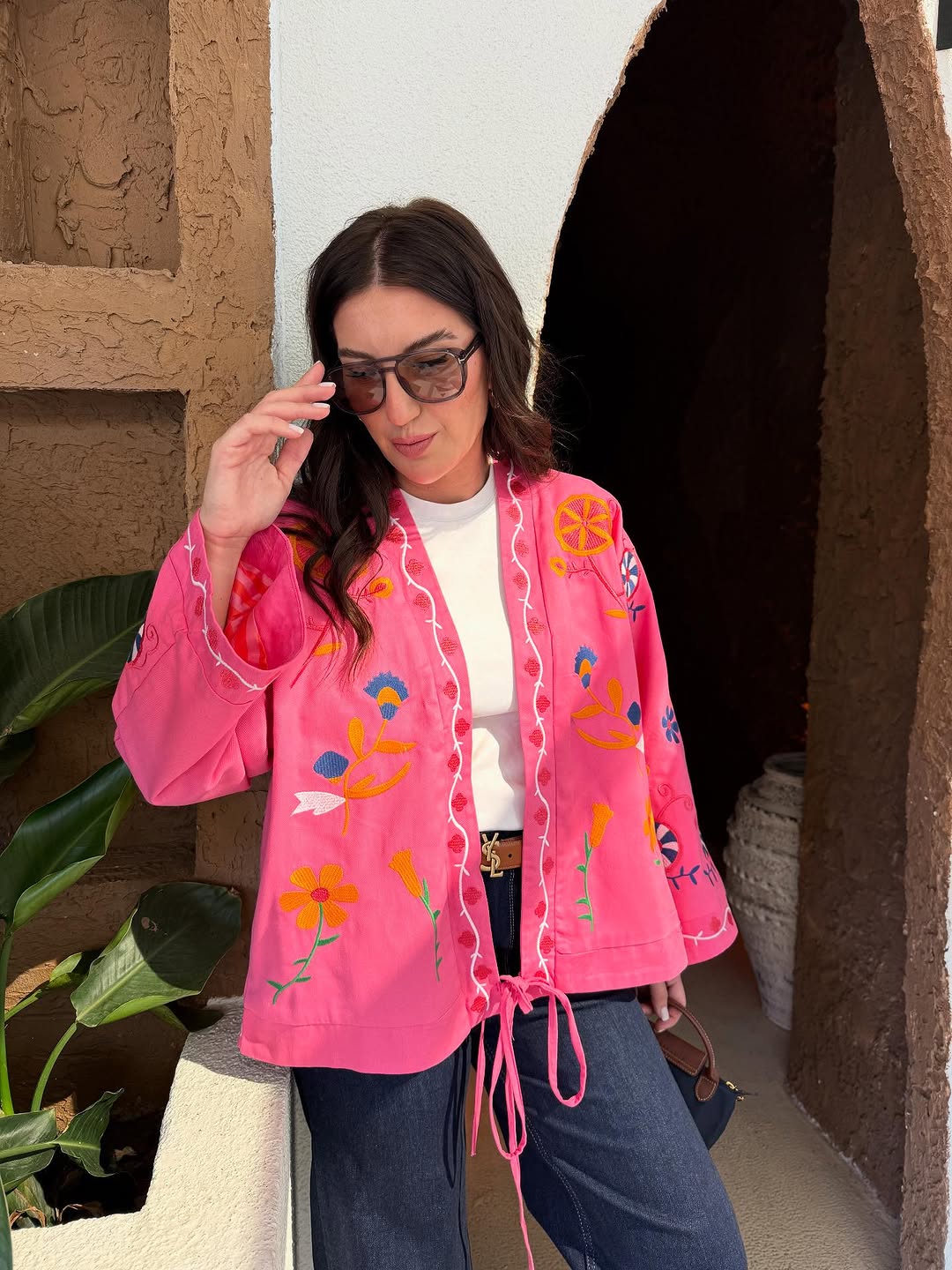 Zara model gabardine kimono with embroidery details