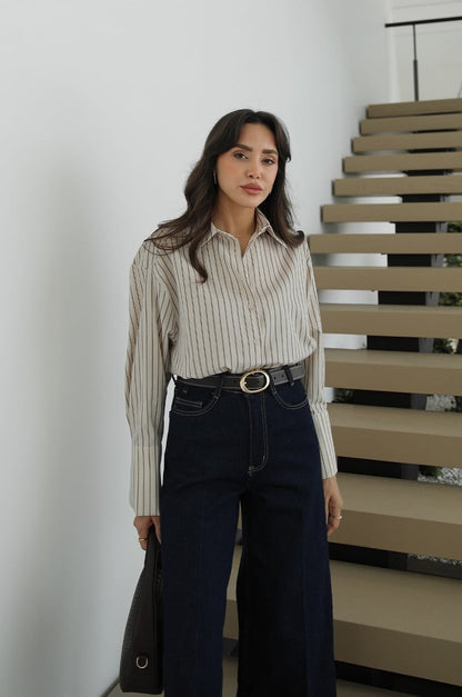 Beige Striped Shirt with Pleated Back