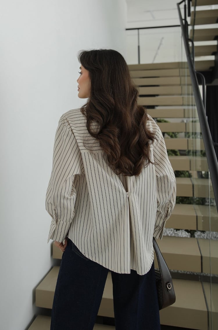 Beige Striped Shirt with Pleated Back