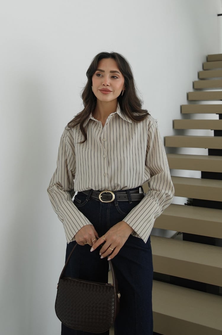 Beige Striped Shirt with Pleated Back
