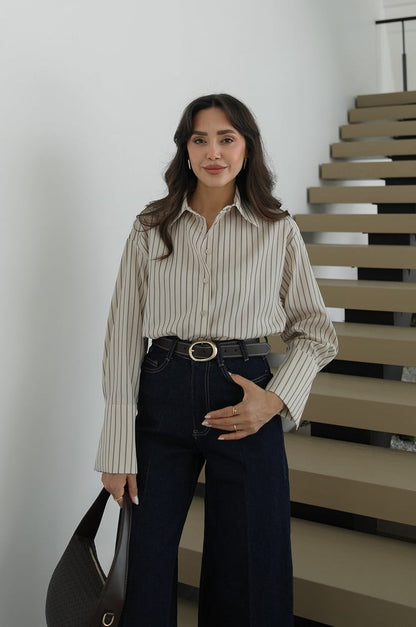 Beige Striped Shirt with Pleated Back