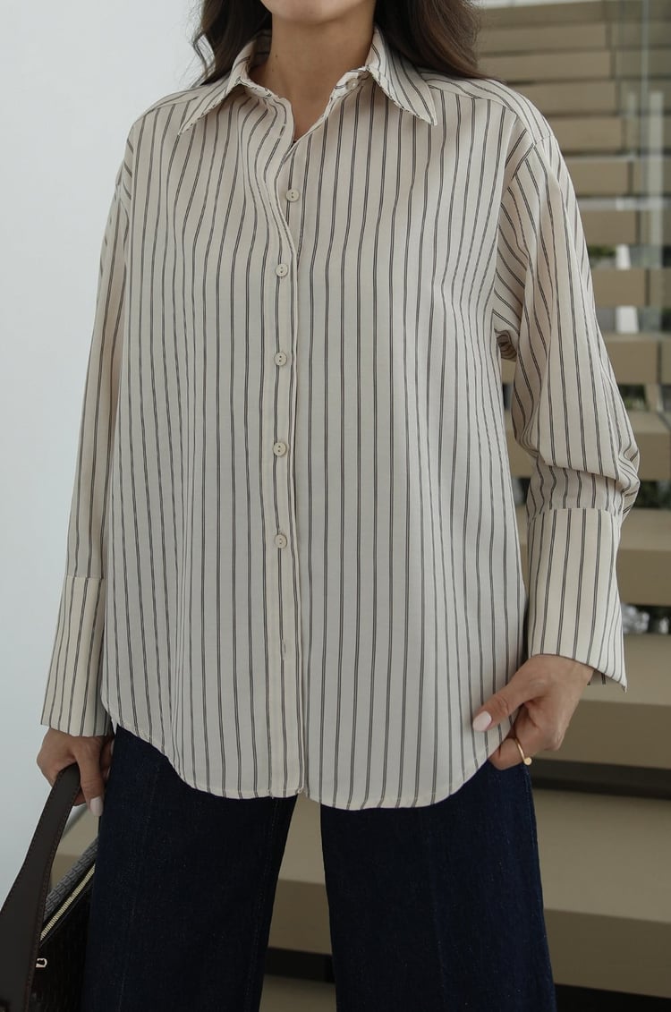 Beige Striped Shirt with Pleated Back