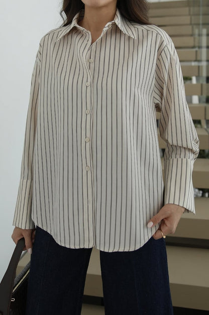 Beige Striped Shirt with Pleated Back