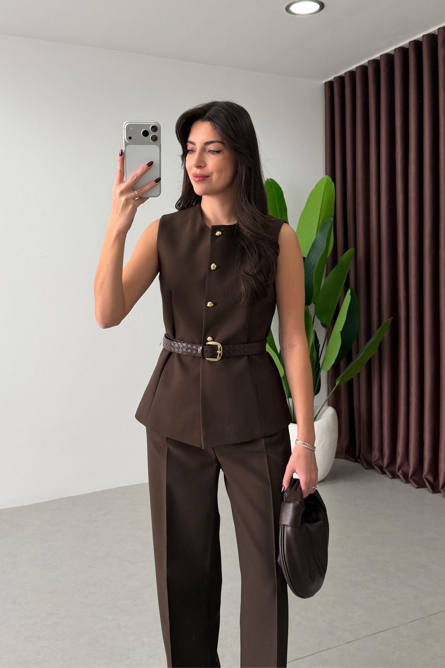 Bestia Coffee Belted Vest and Trousers Set