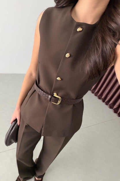 Bestia Coffee Belted Vest and Trousers Set
