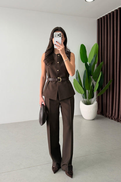 Bestia Coffee Belted Vest and Trousers Set