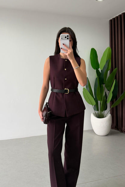 Bestia Plum Belted Vest and Trousers Set