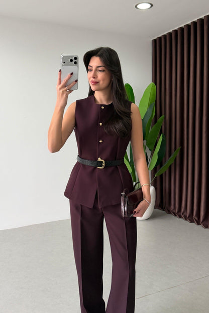 Bestia Plum Belted Vest and Trousers Set