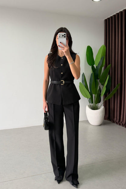 Black Belted Vest and Trousers Set