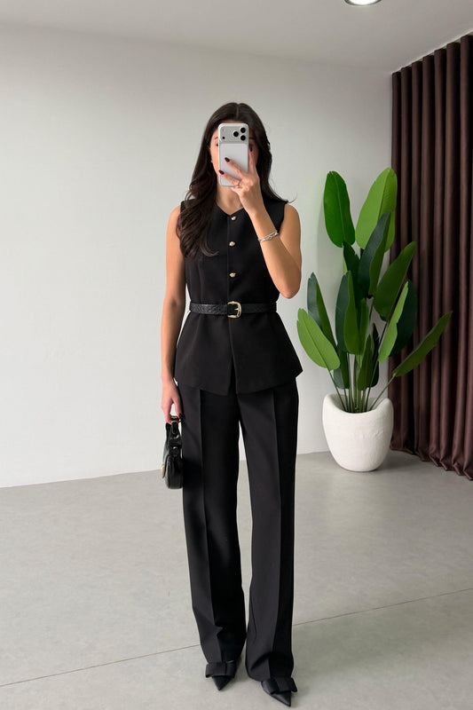 Black Belted Vest and Trousers Set