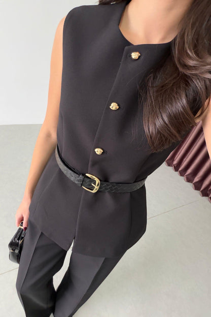 Black Belted Vest and Trousers Set