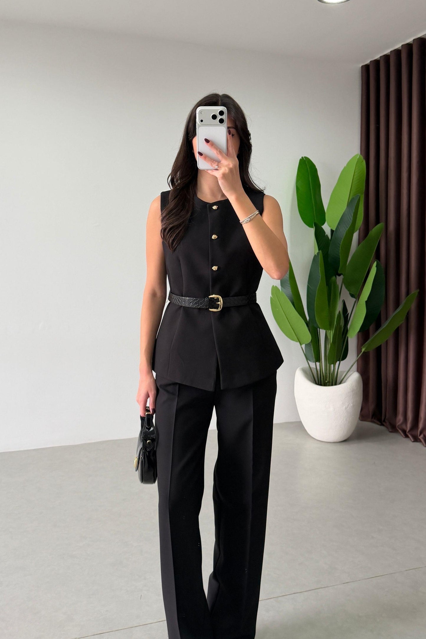 Black Belted Vest and Trousers Set