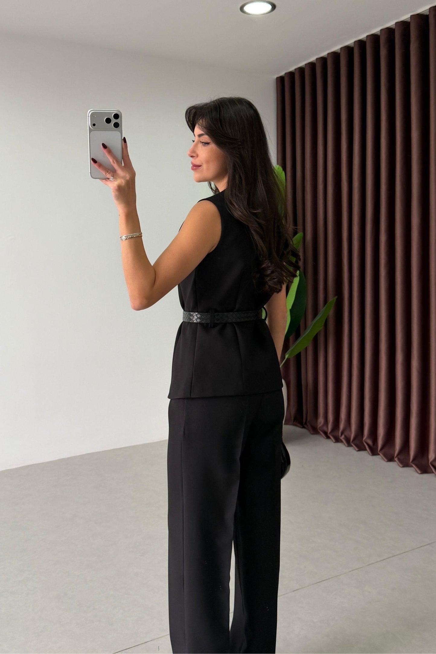 Black Belted Vest and Trousers Set