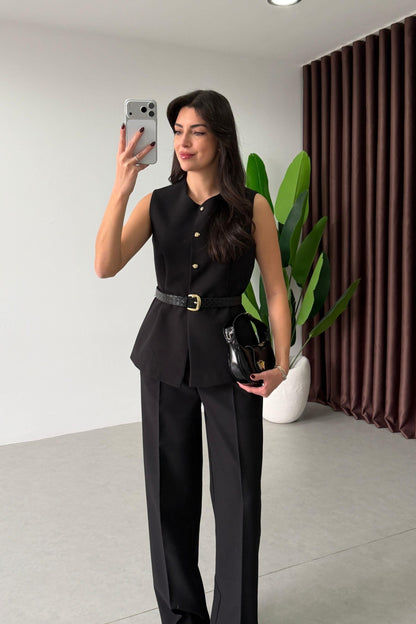 Black Belted Vest and Trousers Set