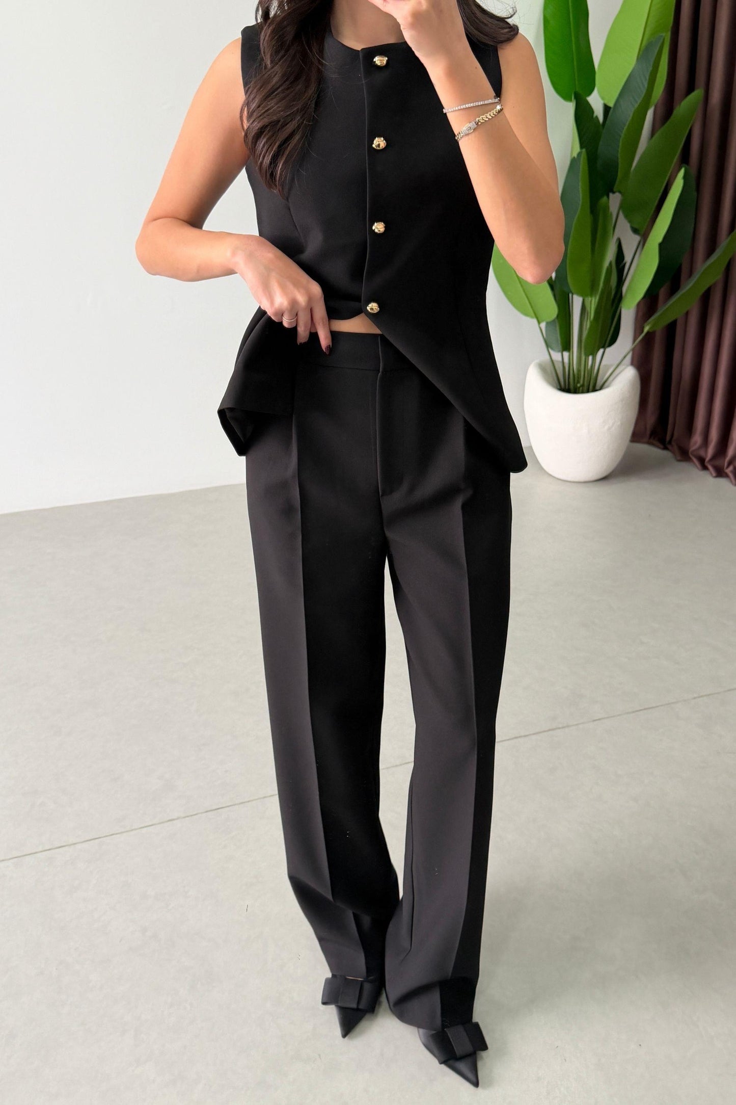 Black Belted Vest and Trousers Set