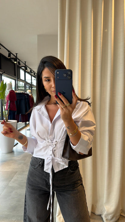 White Crop Shirt with Corset Detail