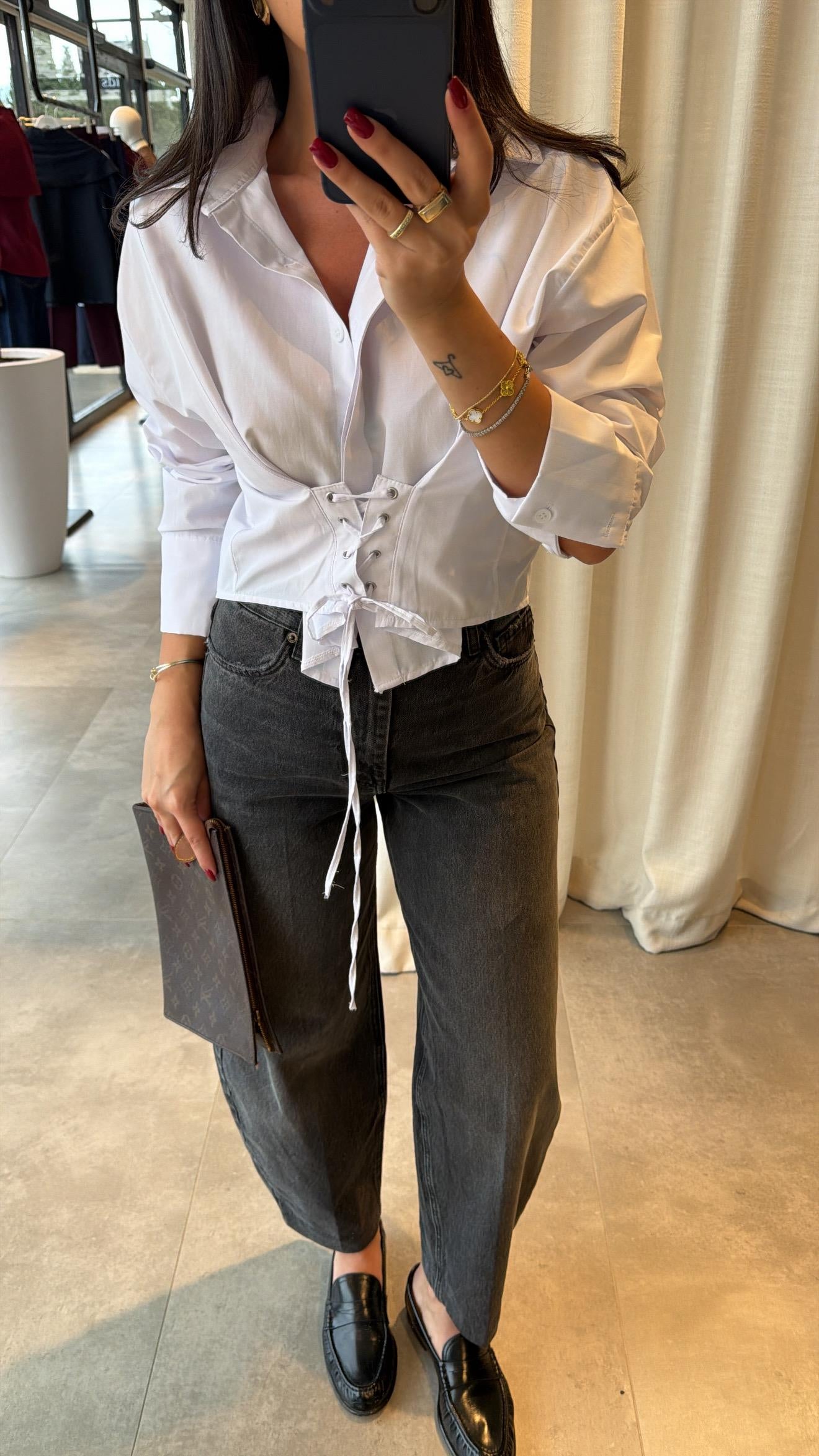 White Crop Shirt with Corset Detail