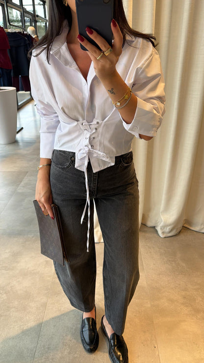 White Crop Shirt with Corset Detail