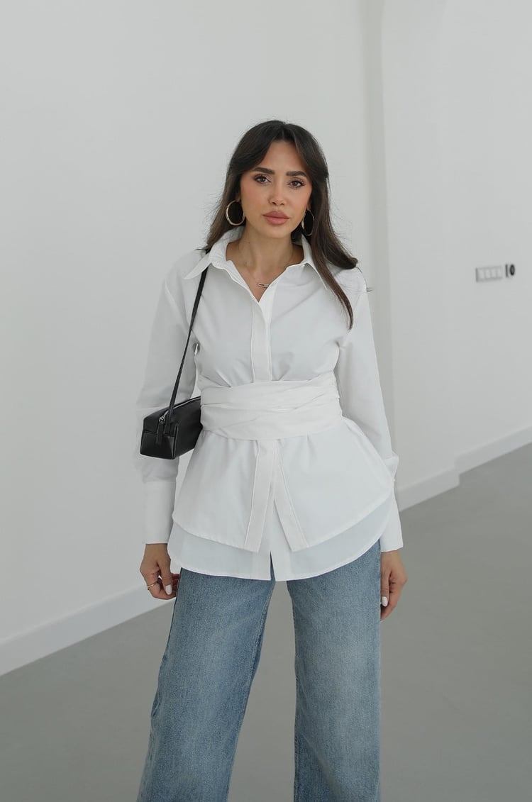 White Wrap-Around Belted Shirt