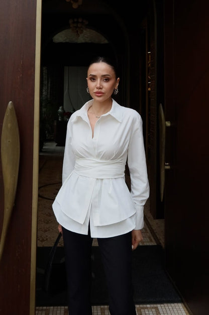 White Wrap-Around Belted Shirt