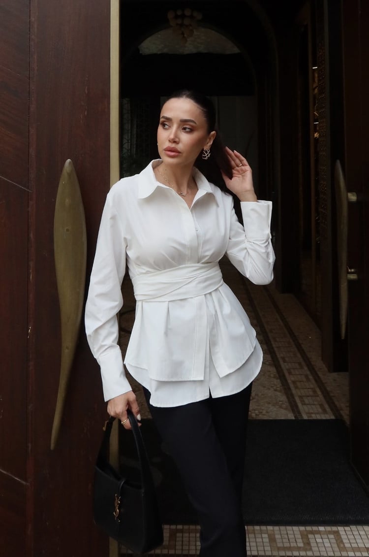 White Wrap-Around Belted Shirt