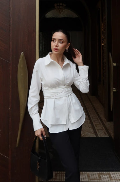 White Wrap-Around Belted Shirt
