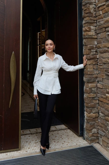 White Wrap-Around Belted Shirt