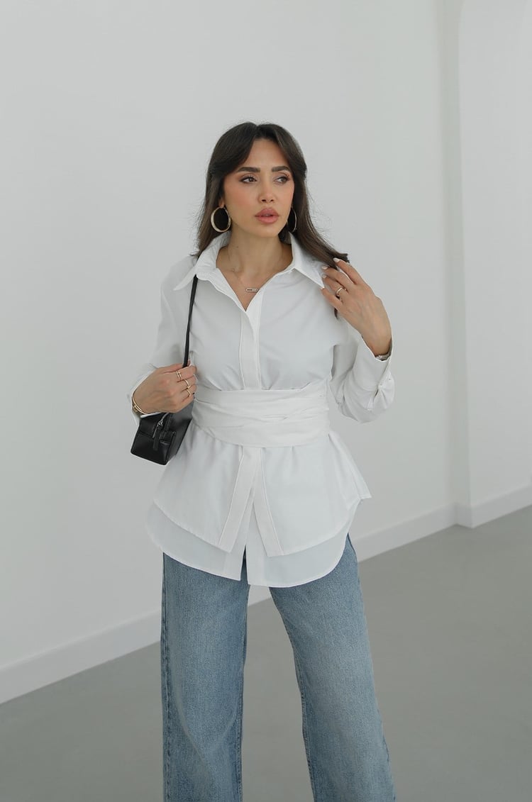 White Wrap-Around Belted Shirt