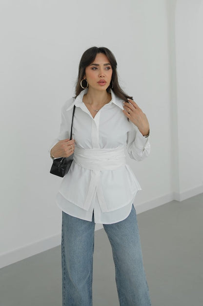 White Wrap-Around Belted Shirt