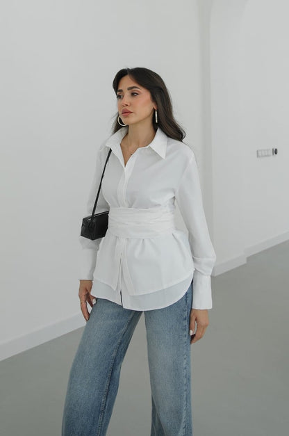 White Wrap-Around Belted Shirt