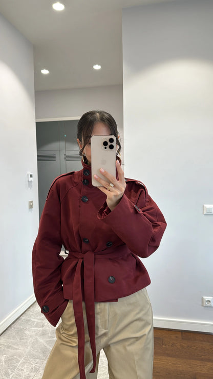 Double-Collar Belted Short Trench Coat