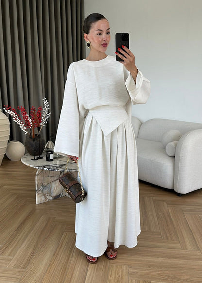Wide sleeve blouse with Wide-leg trouser with Asymmetric attached Linen Suit