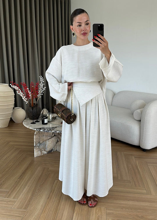 Wide sleeve blouse with Wide-leg trouser with Asymmetric attached Linen Suit