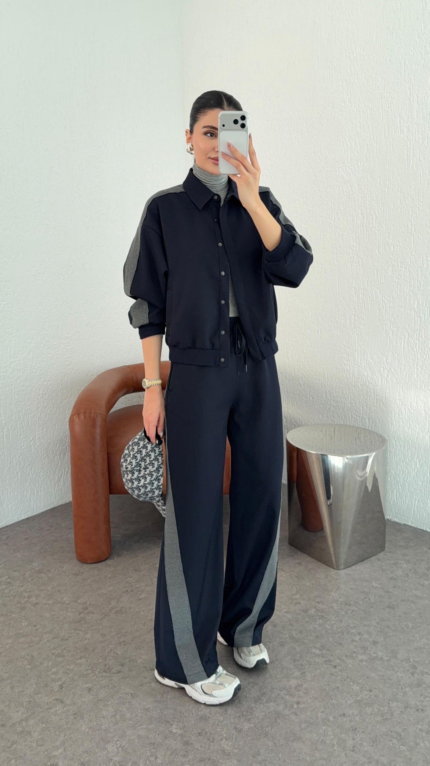 Navy blue Bomber jacket with grey line details,waistband straight leg trouser co-ord set