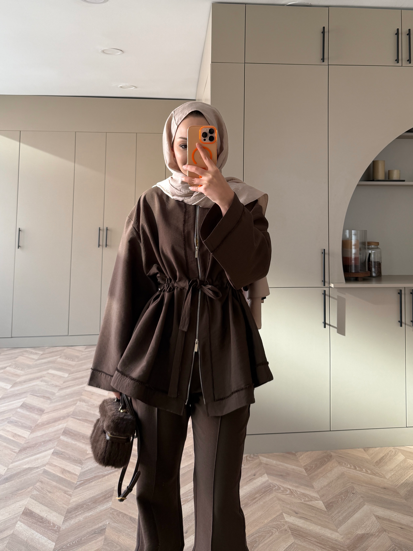 Cobra fabric jacket with a drawstring waist with straight leg trousers co-ord set- brown
