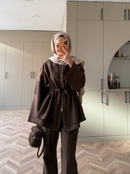 Cobra fabric jacket with a drawstring waist with straight leg trousers co-ord set- brown