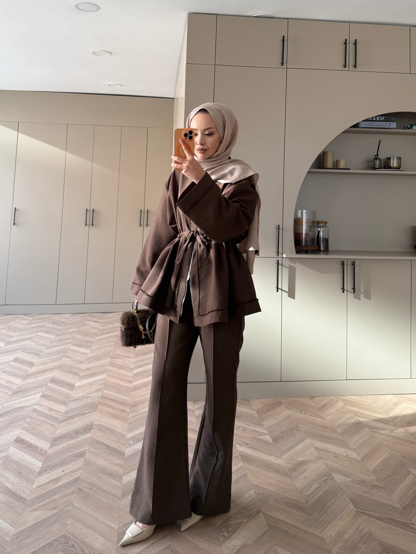 Cobra fabric jacket with a drawstring waist with straight leg trousers co-ord set- brown