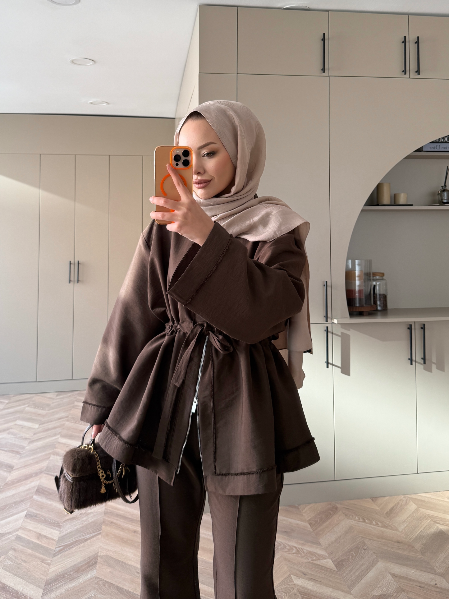 Cobra fabric jacket with a drawstring waist with straight leg trousers co-ord set- brown