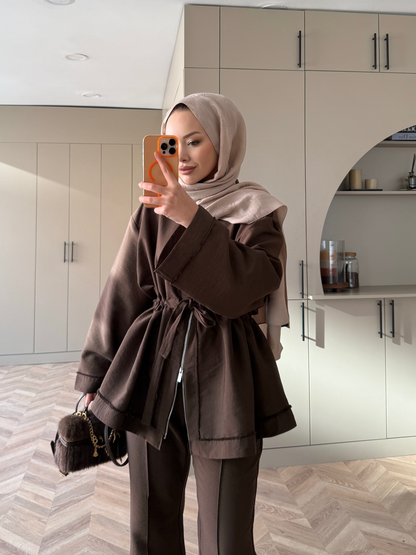 Cobra fabric jacket with a drawstring waist with straight leg trousers co-ord set- brown