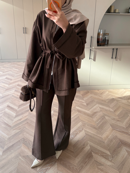 Cobra fabric jacket with a drawstring waist with straight leg trousers co-ord set- brown