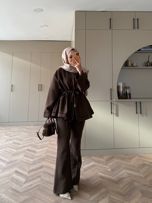 Cobra fabric jacket with a drawstring waist with straight leg trousers co-ord set- brown