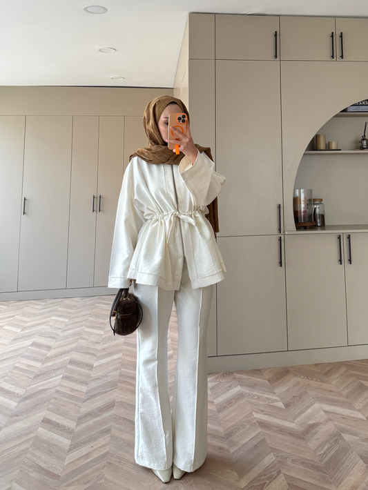 Cobra fabric jacket with a drawstring waist with straight leg trousers co-ord set- pearl white