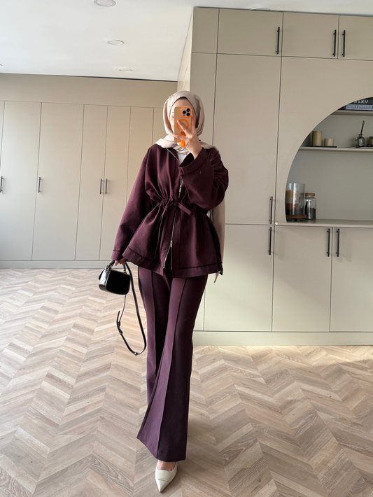 Cobra fabric jacket with a drawstring waist with straight leg trousers co-ord set- burgundy