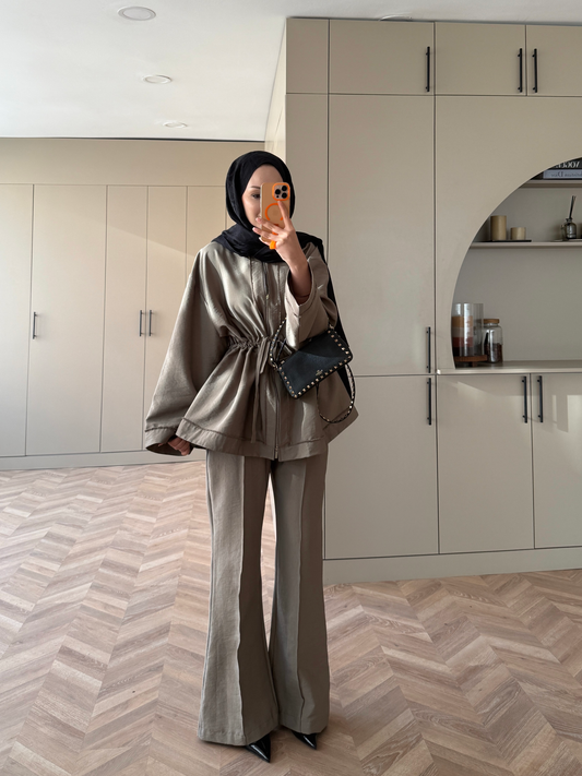 Cobra fabric jacket with a drawstring waist with straight leg trousers co-ord set- khaki