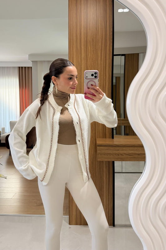 Brandi White Stone Embellished Cardigan