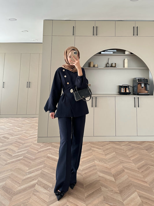 TB-Nema Gold Button Detail Cupra Suit navy blue